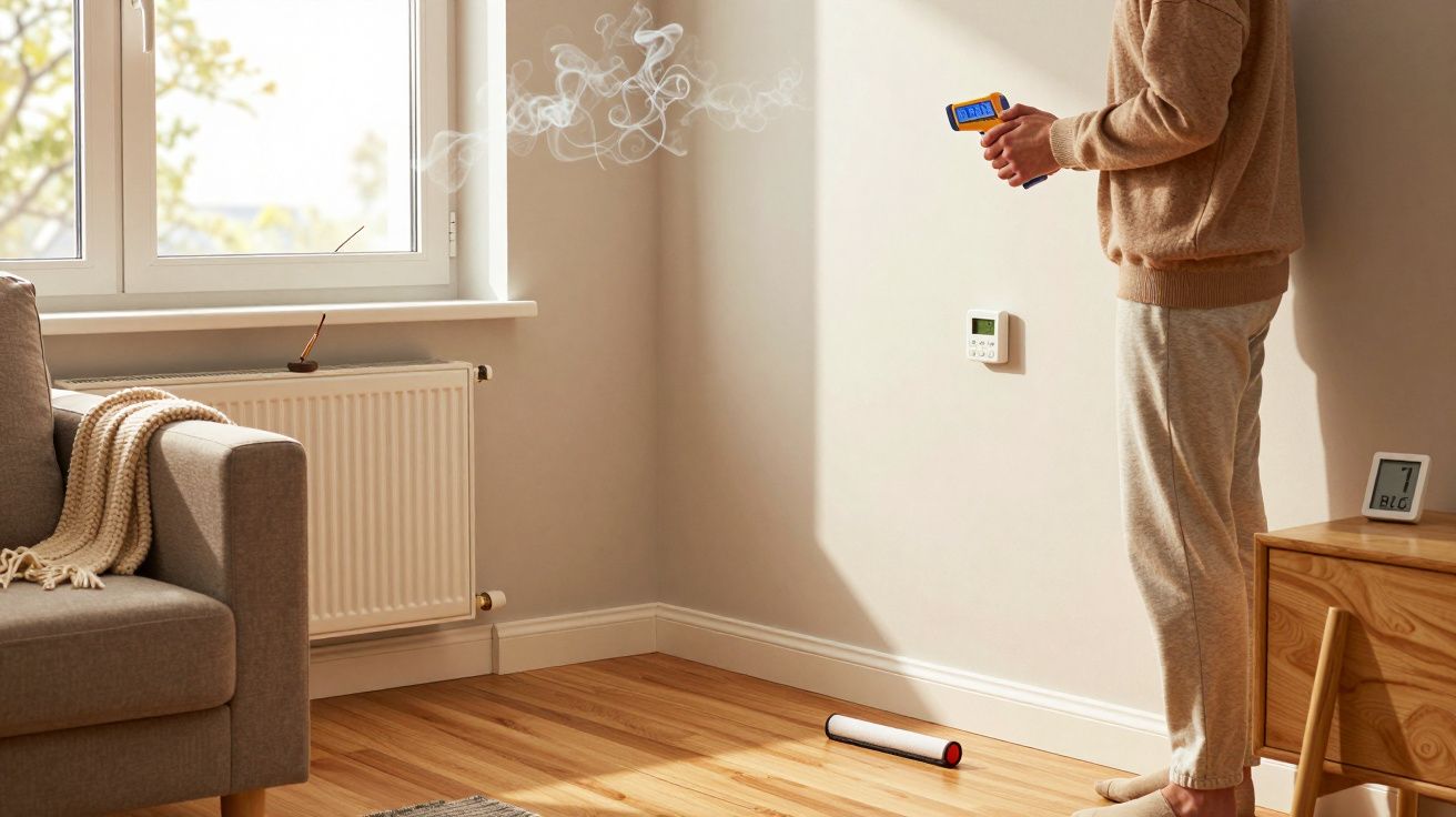 Pessoa medindo a temperatura da parede num quarto com termómetro digital. Fumo à janela e chão de madeira clara.