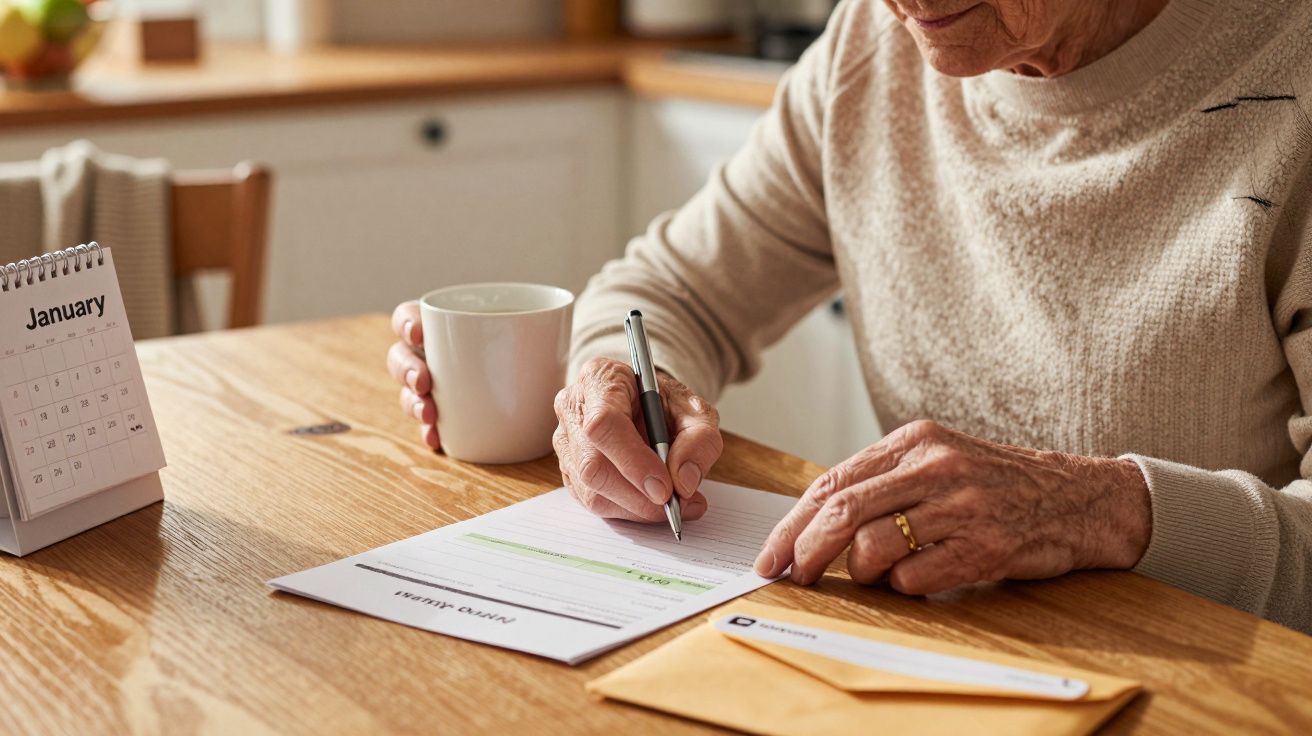 Pessoa idosa escrevendo numa folha ao lado de um calendário de janeiro e de uma chávena, numa mesa de madeira na cozinha.