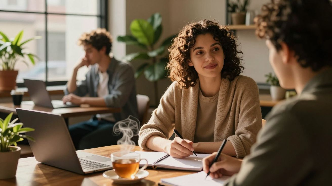 Mulher a sorrir numa mesa com caderno e chá, conversando com alguém. Outra pessoa ao fundo num café iluminado.