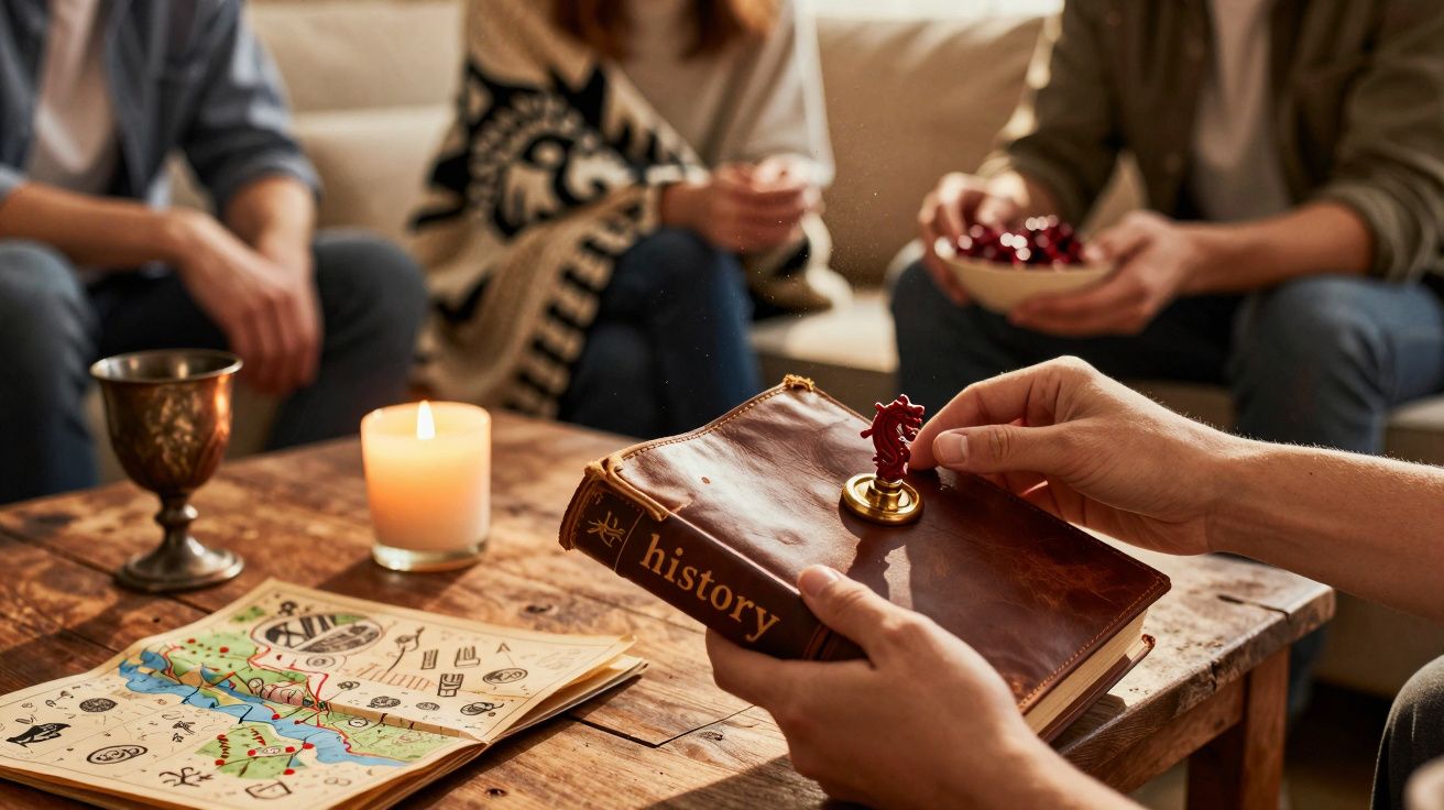 Jogo de tabuleiro com livro de história e miniatura numa mesa rodeada por pessoas e vela acesa.