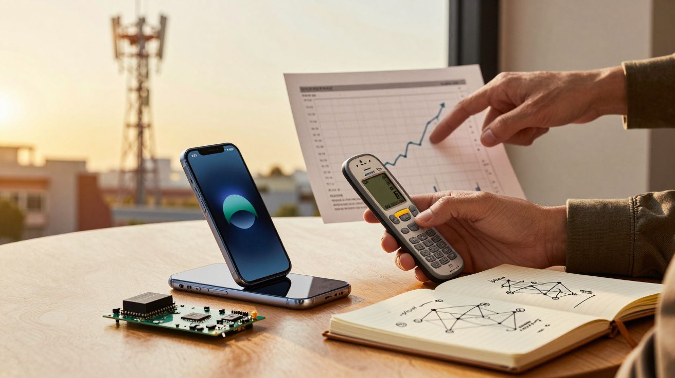 Pessoa aponta gráfico enquanto segura telemóvel, com smartphone, bloco de notas e chip sobre a mesa.