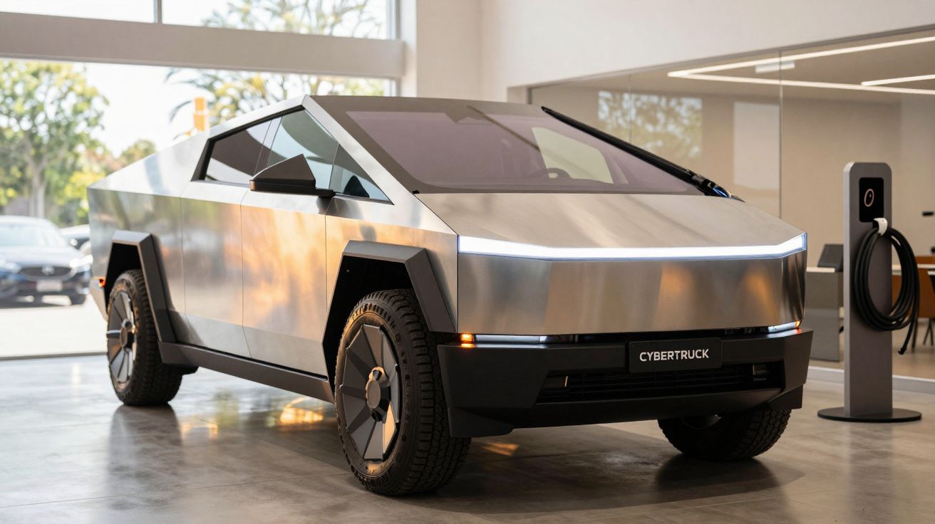 Camião elétrico prateado, de design futurista, estacionado num showroom com piso cinza.