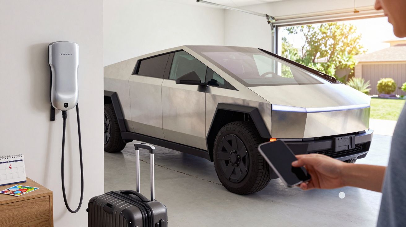 Carro elétrico prateado em garagem, com carregador na parede e pessoa a segurar telemóvel.