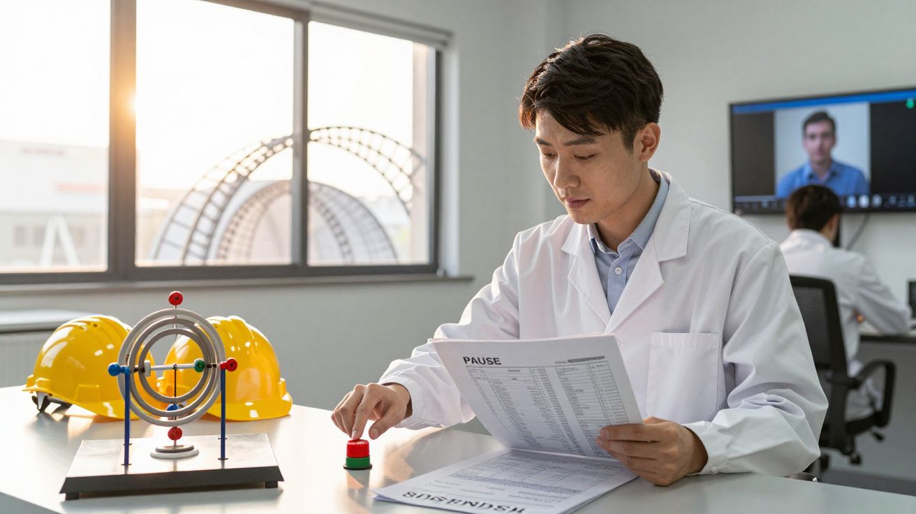 Homem de bata branca analisa documentos em laboratório com modelo e capacetes; tela ao fundo mostra vídeo chamada.