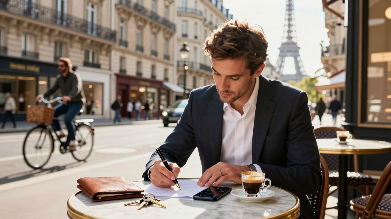 Homem escreve em mesa de café em Paris, com a Torre Eiffel ao fundo. Há uma chávena de café e um ciclista ao lado.
