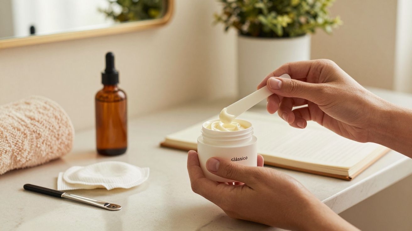 Mãos seguram um frasco de creme com espátula, numa bancada junto a frasco âmbar, toalha, discos e caderno.