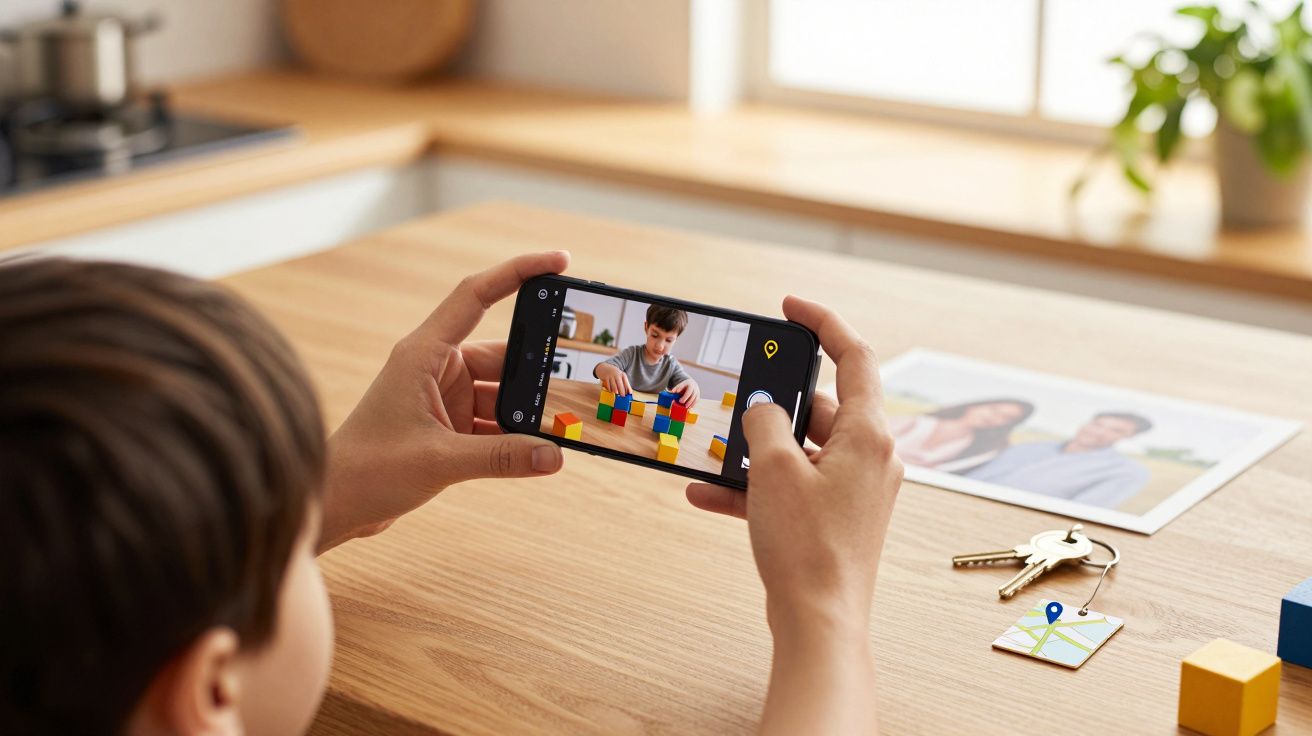 Pessoa tira foto de criança a brincar com blocos de construção, num smartphone, numa cozinha iluminada.