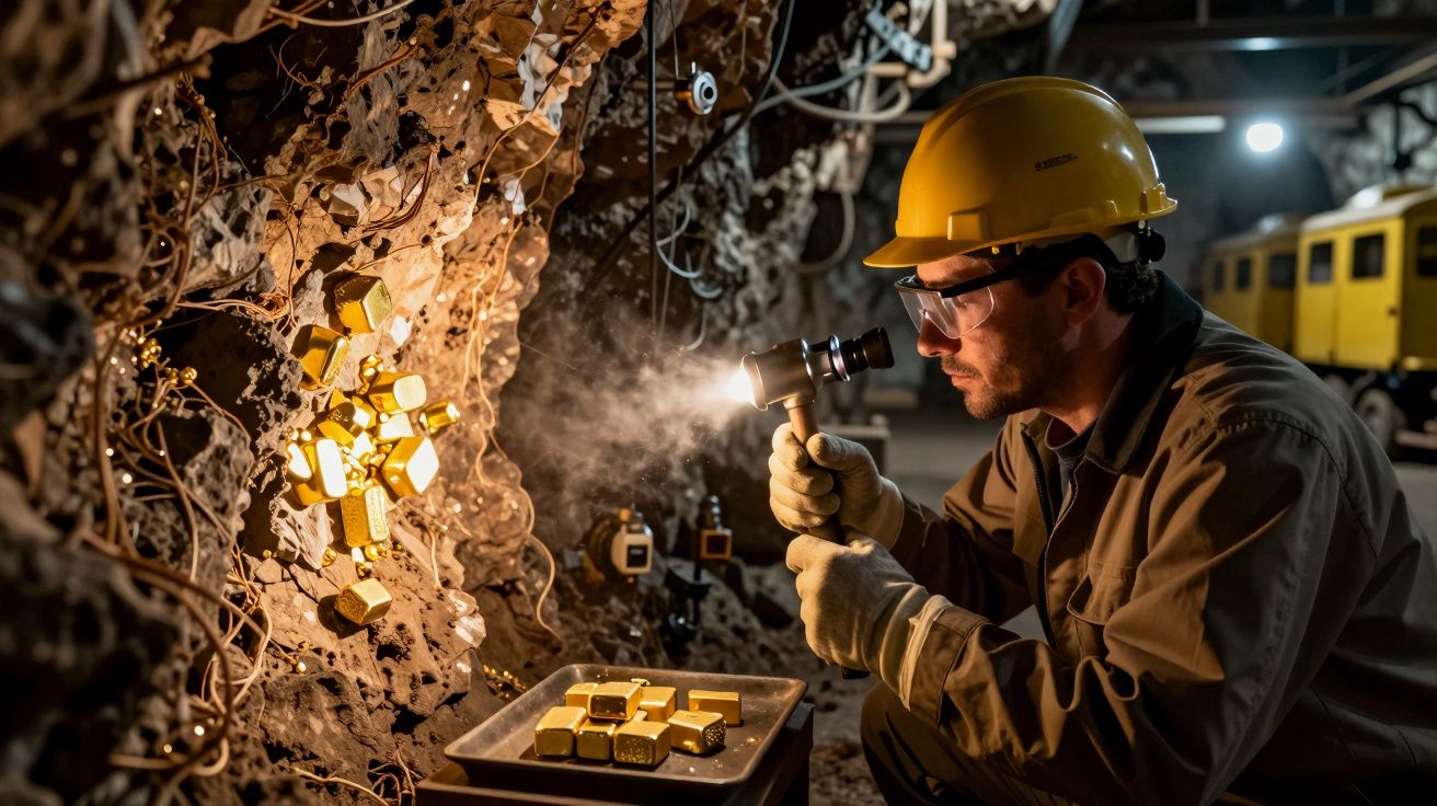 Mineiro examina pepitas de ouro na parede de uma mina, usando lanterna e capacete de segurança.