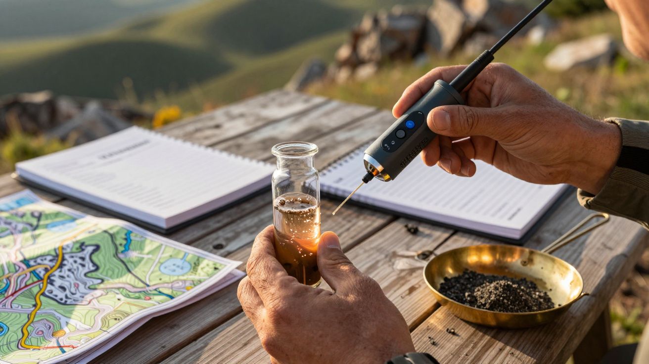 Mãos seguram dispositivo sobre frasco de líquido em mesa com carta topográfica e caderno, paisagem montanhosa ao fundo.