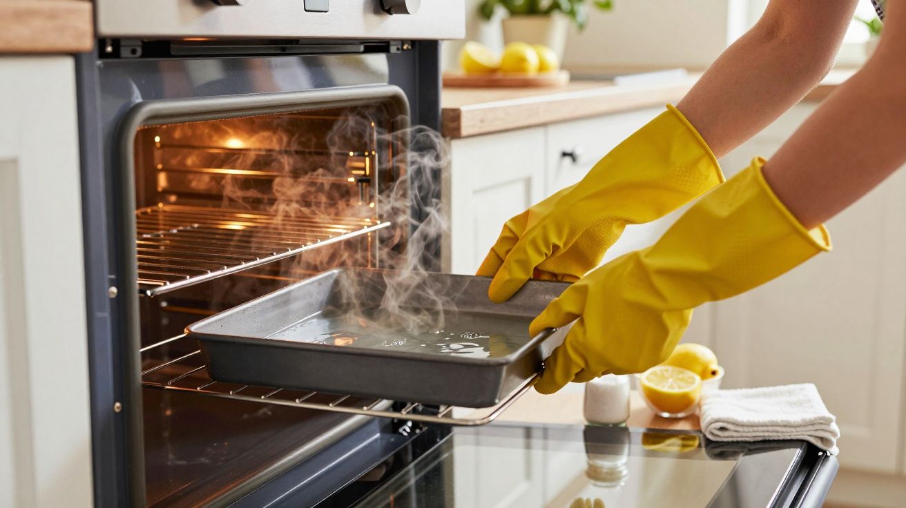 Pessoa com luvas amarelas retira tabuleiro fumegante de forno numa cozinha.