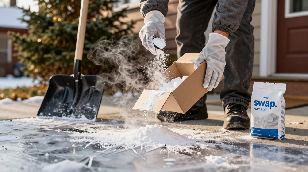 Pessoa de luvas espalha pó branco num caminho coberto de gelo, com pá e embalagem ao lado.