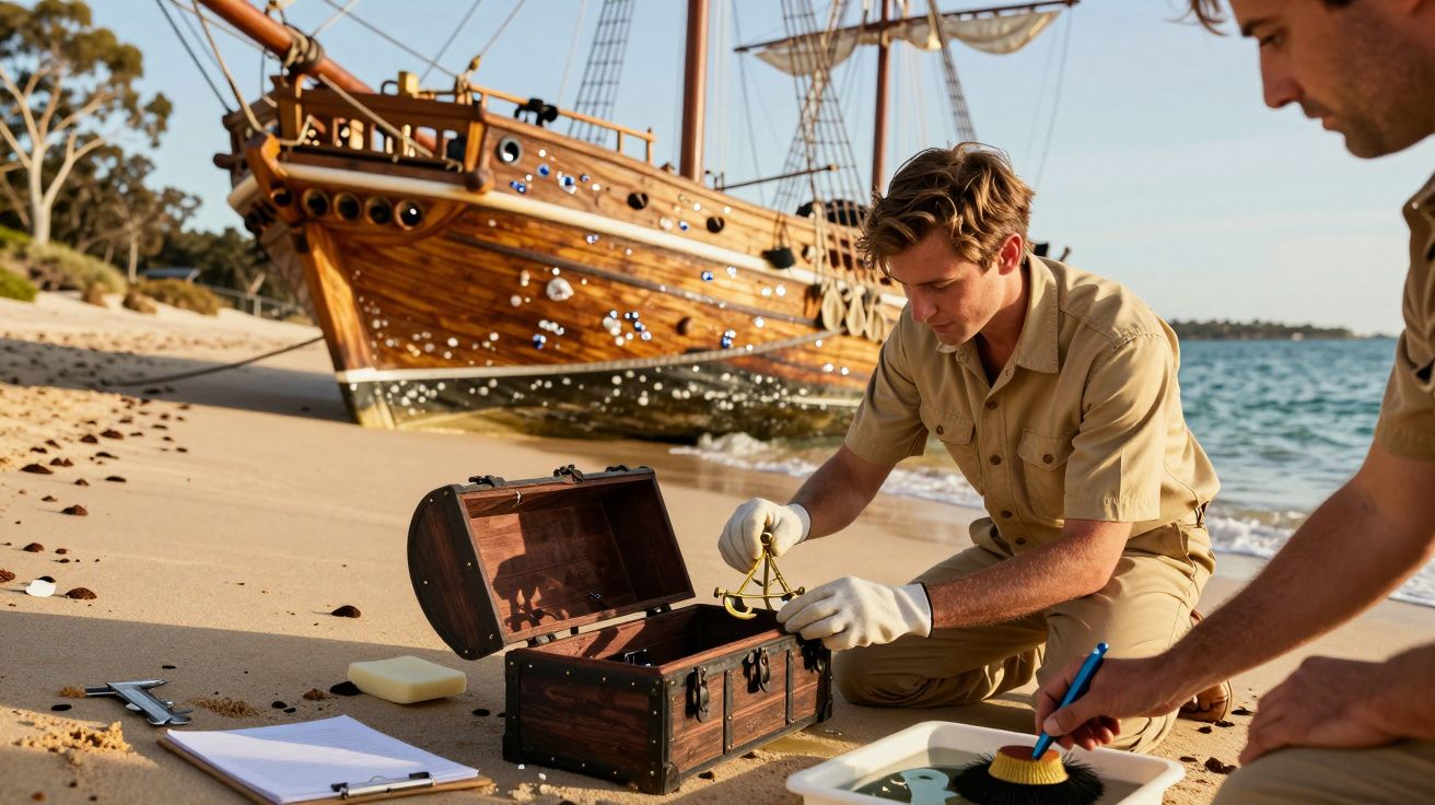 Dois homens analisam um baú de tesouro numa praia, com um navio antigo ao fundo.