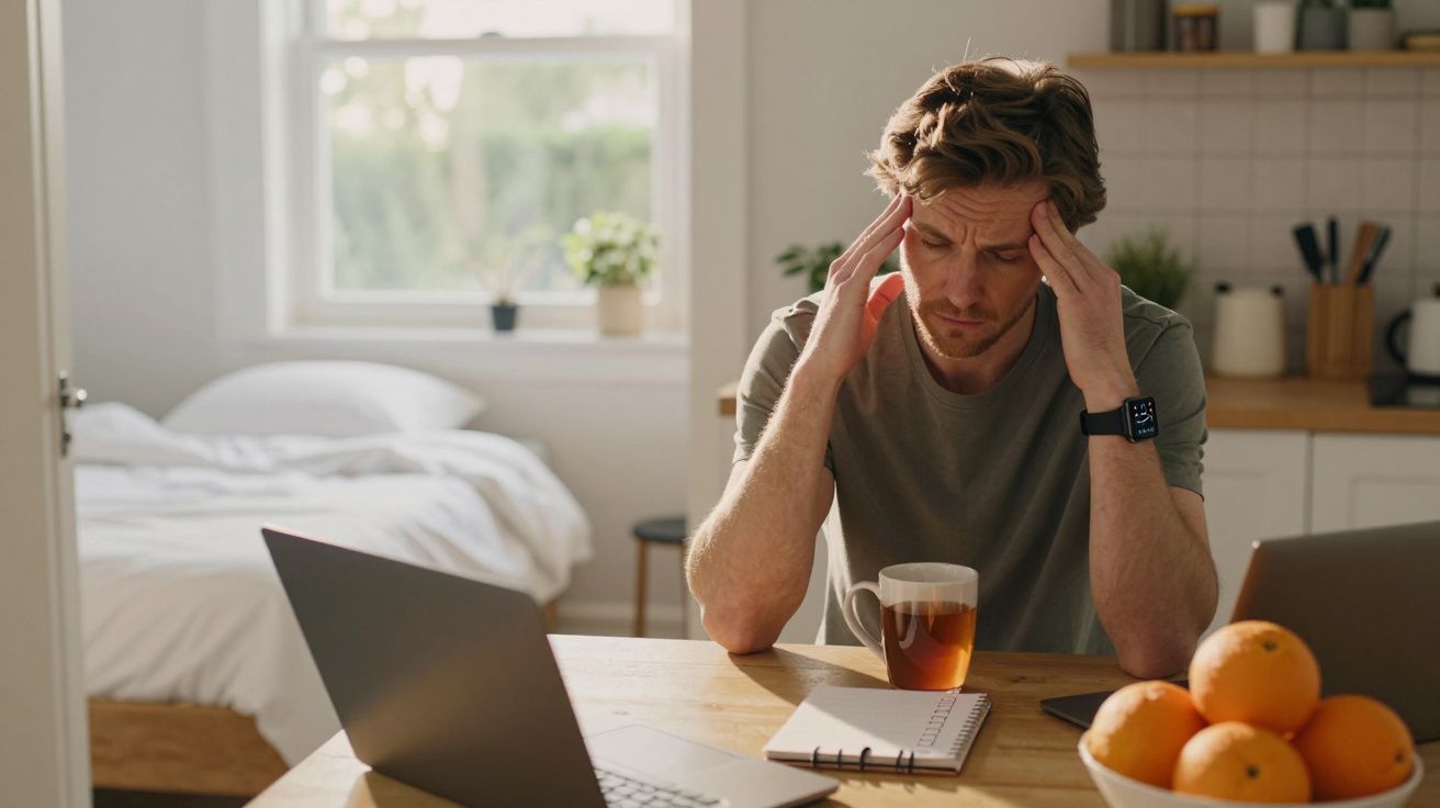 Homem preocupado com a cabeça entre as mãos, sentado à mesa com chá, caderno, portátil e tigela de laranjas.