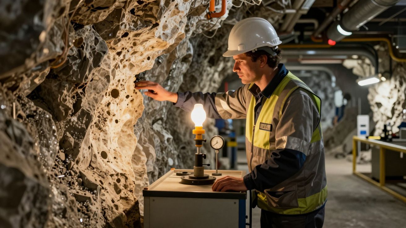 Homem com capacete e colete examina parede de mina subterrânea iluminada por lâmpada sobre equipamento técnico.