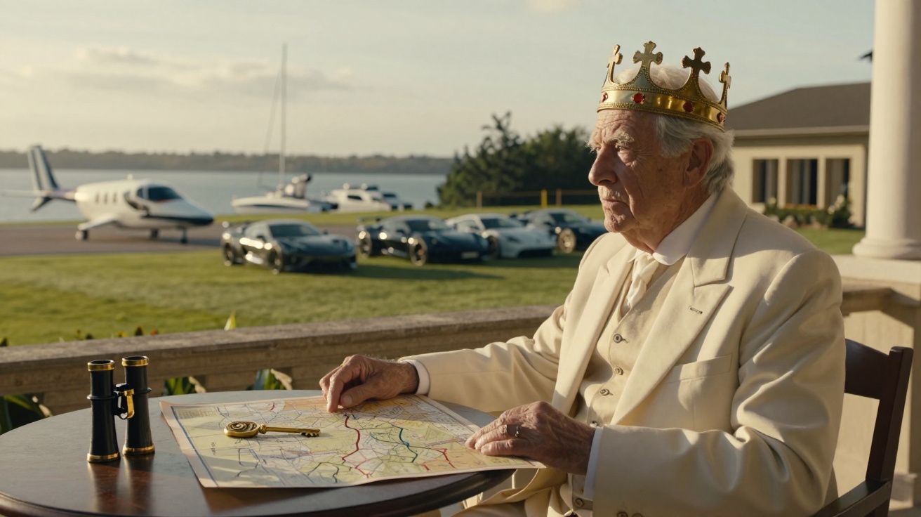 Homem idoso com coroa examina um mapa ao ar livre; aviões e carros ao fundo.
