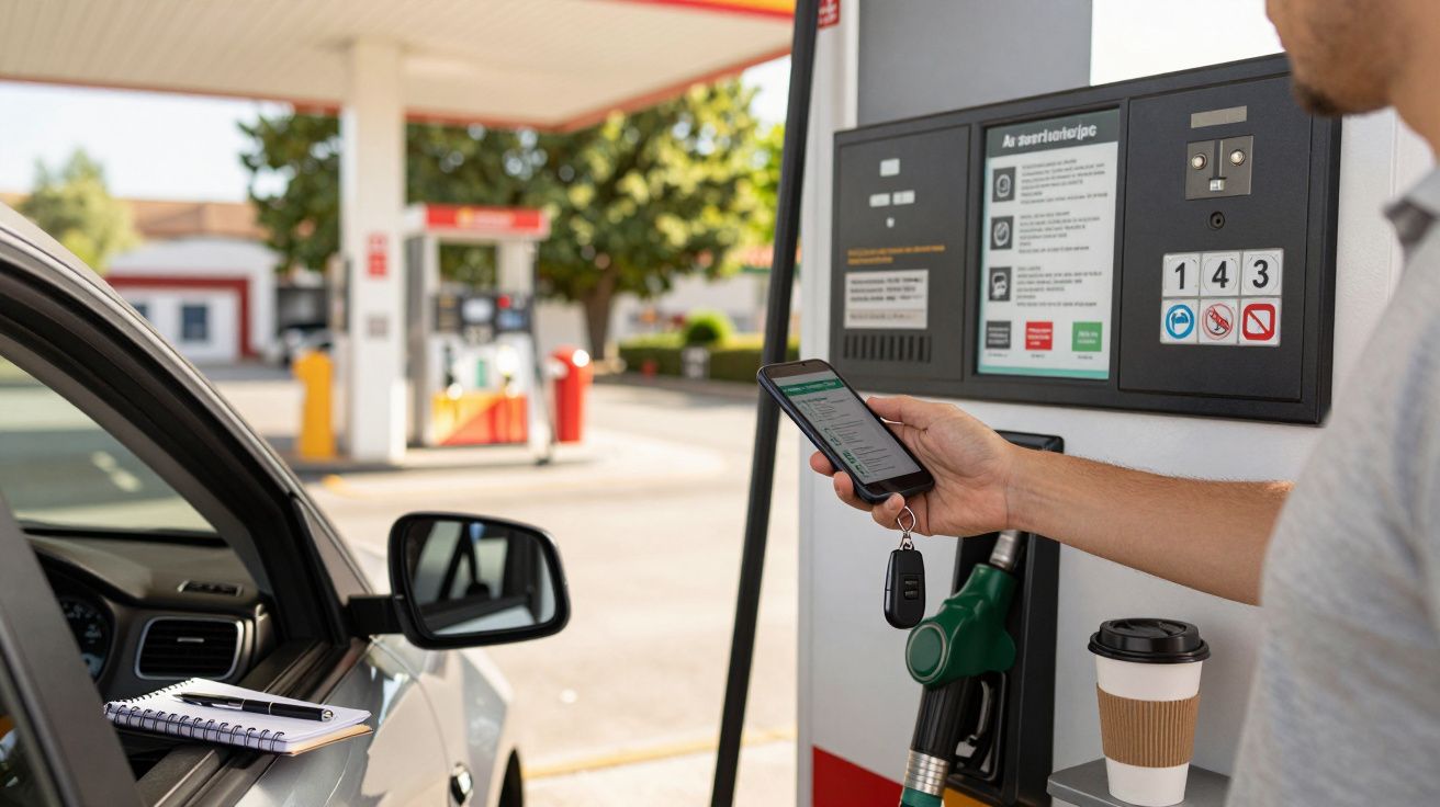 Homem usa smartphone numa estação de serviço, com carro ao lado e copo de café em cima da bomba de combustível.