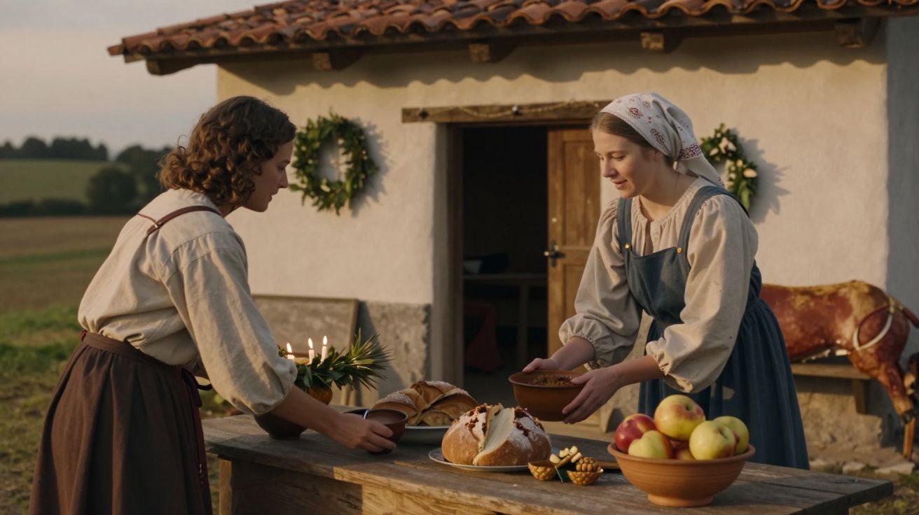 Duas mulheres preparam uma mesa de madeira no exterior com pão, maçãs e velas, ao lado de uma casa rural.