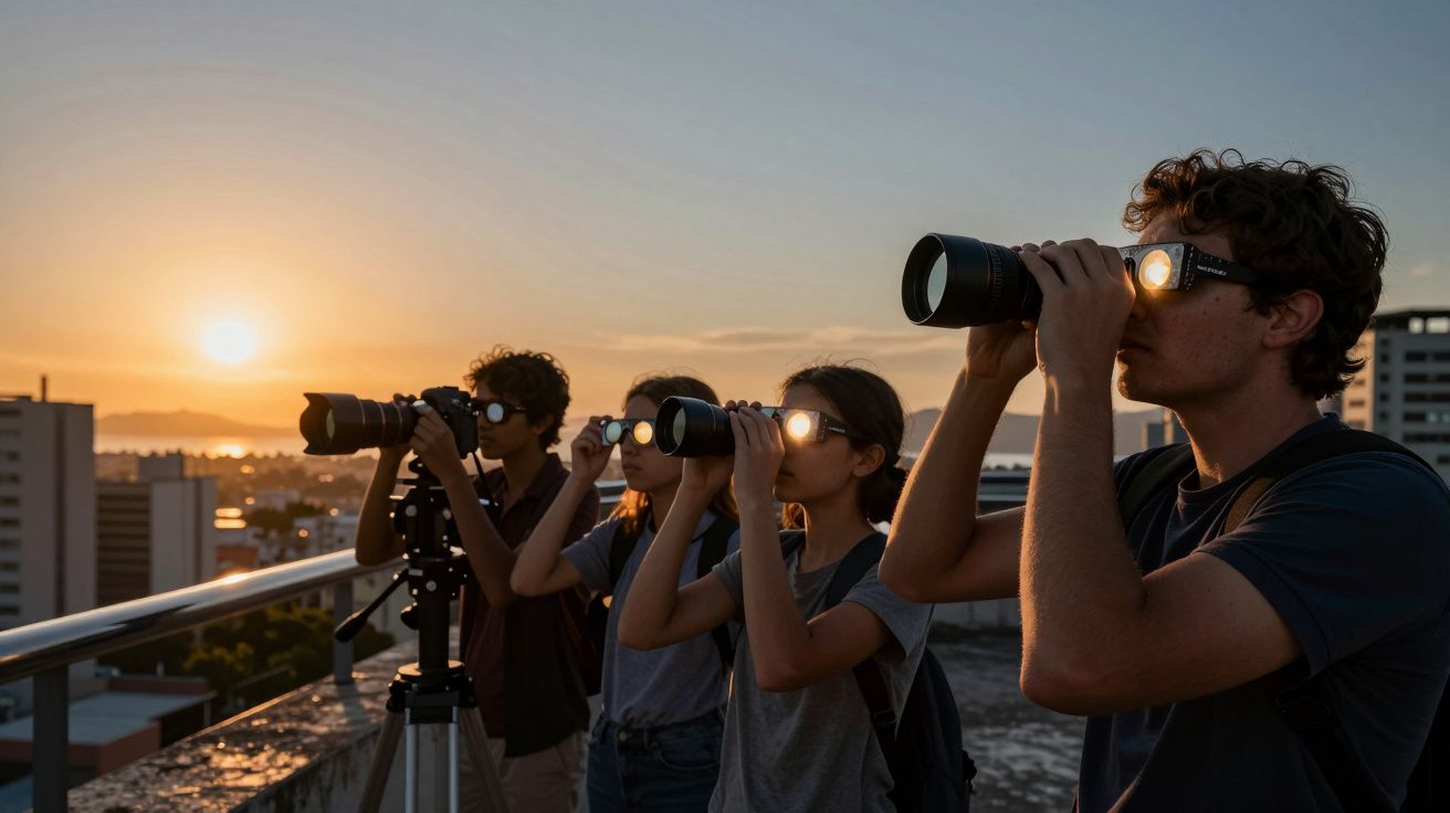 Grupo de pessoas observa o pôr do sol com binóculos e telescópio num terraço urbano.