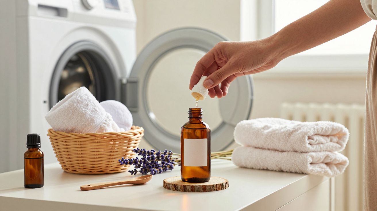 Mão feminina adicionando óleo essencial a um frasco, ao lado de toalhas brancas e lavanda, com máquina de lavar ao fundo.