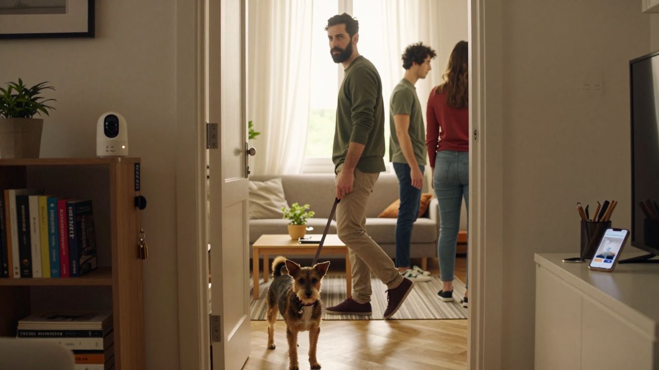 Homem com barba e cão na entrada de uma sala com duas pessoas de costas. Interior decorado com plantas e livros.