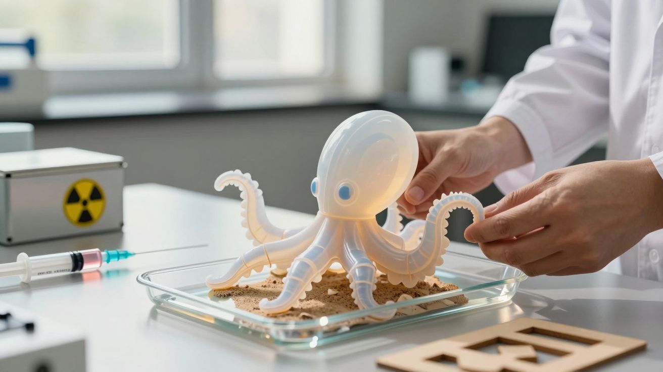 Pessoa em laboratório, manipulando uma luminária de polvo sobre uma bandeja de vidro com areia.