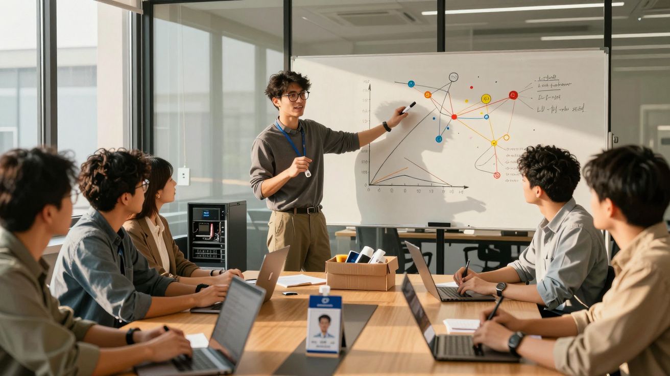 Homem apresenta gráfico em quadro branco a cinco colegas numa sala de reuniões moderna.