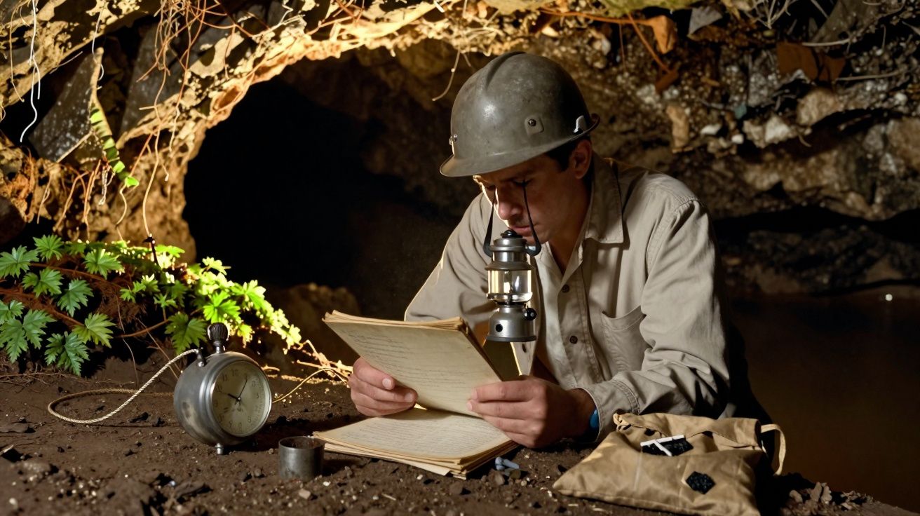 Homem com capacete lendo documentos numa caverna iluminada por lanterna, com um relógio e planta ao lado.