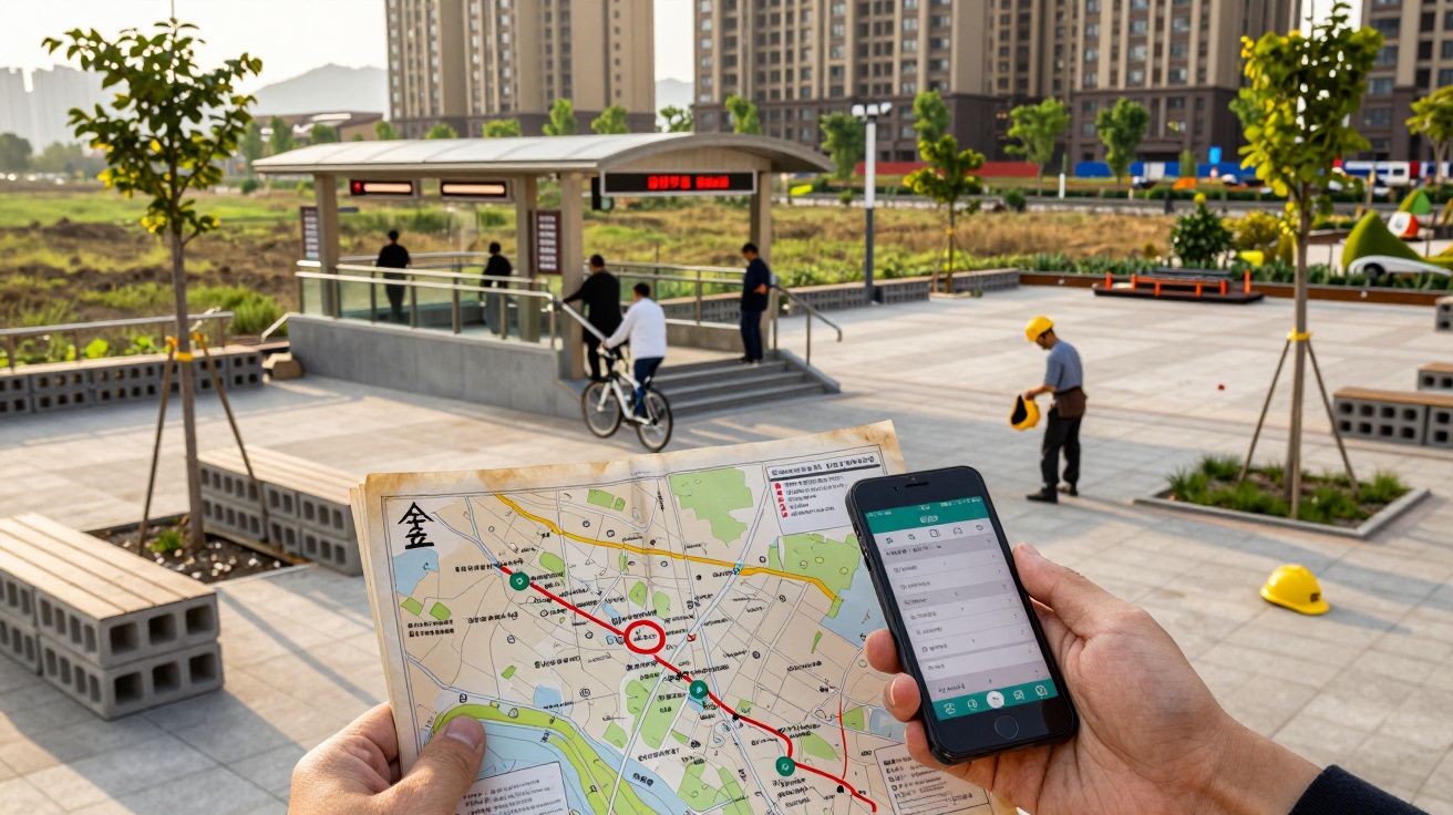 Pessoa segura mapa e telemóvel numa praça urbana com ciclistas, trabalhadores e estacion de transporte ao fundo.
