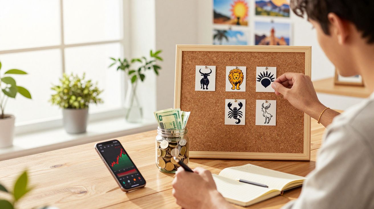 Pessoa a selecionar cartões num quadro; smartphone com gráfico e frasco com moedas e notas sobre a mesa.