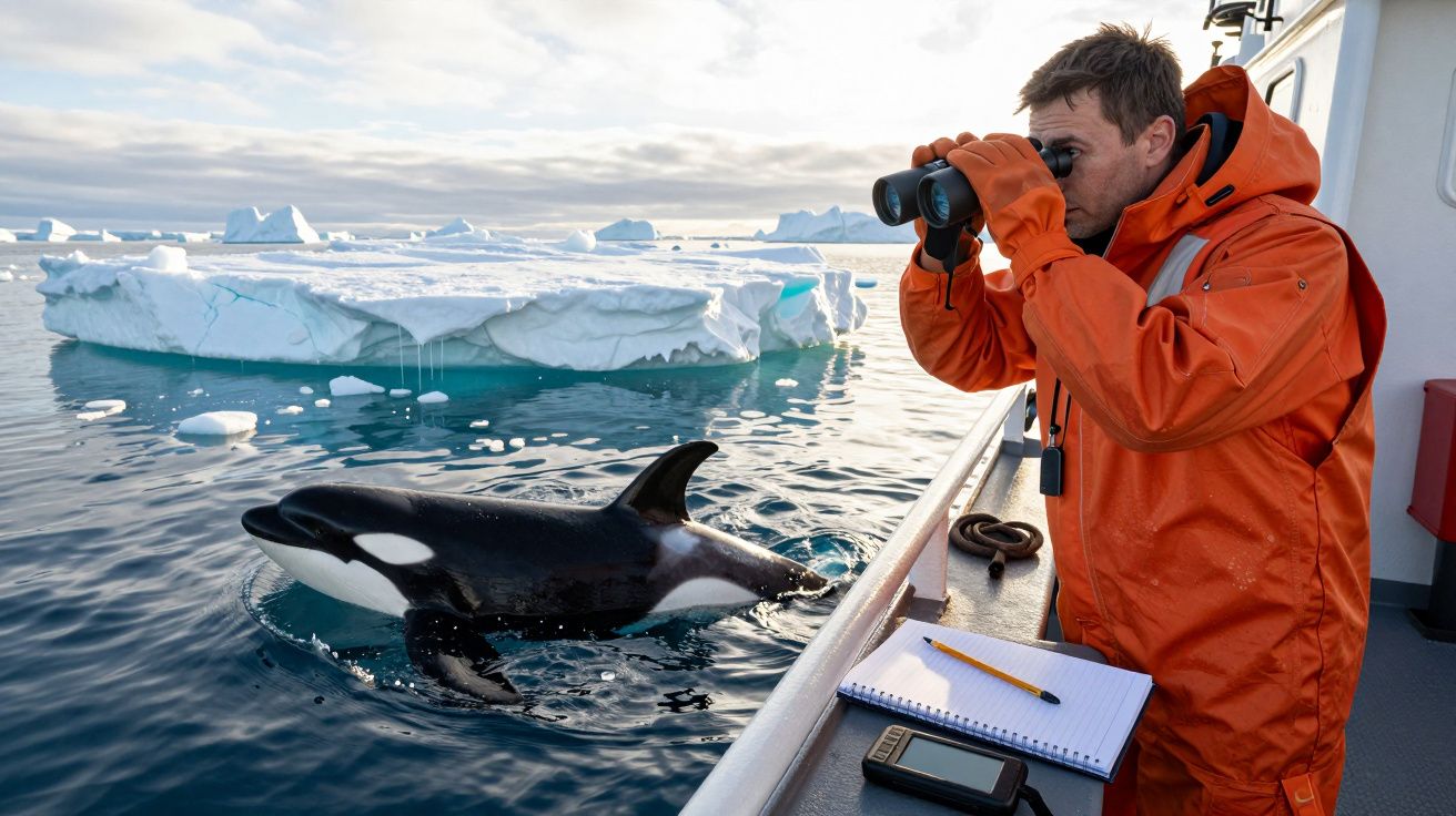 Homem com binóculos observa orca junto a um iceberg, vestido com fato laranja num barco.