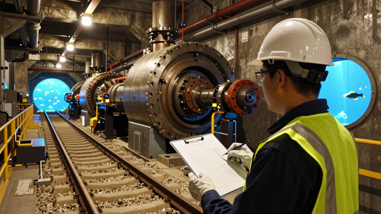 Técnico de segurança inspeciona maquinaria industrial junto a linha férrea dentro de uma instalação subterrânea.