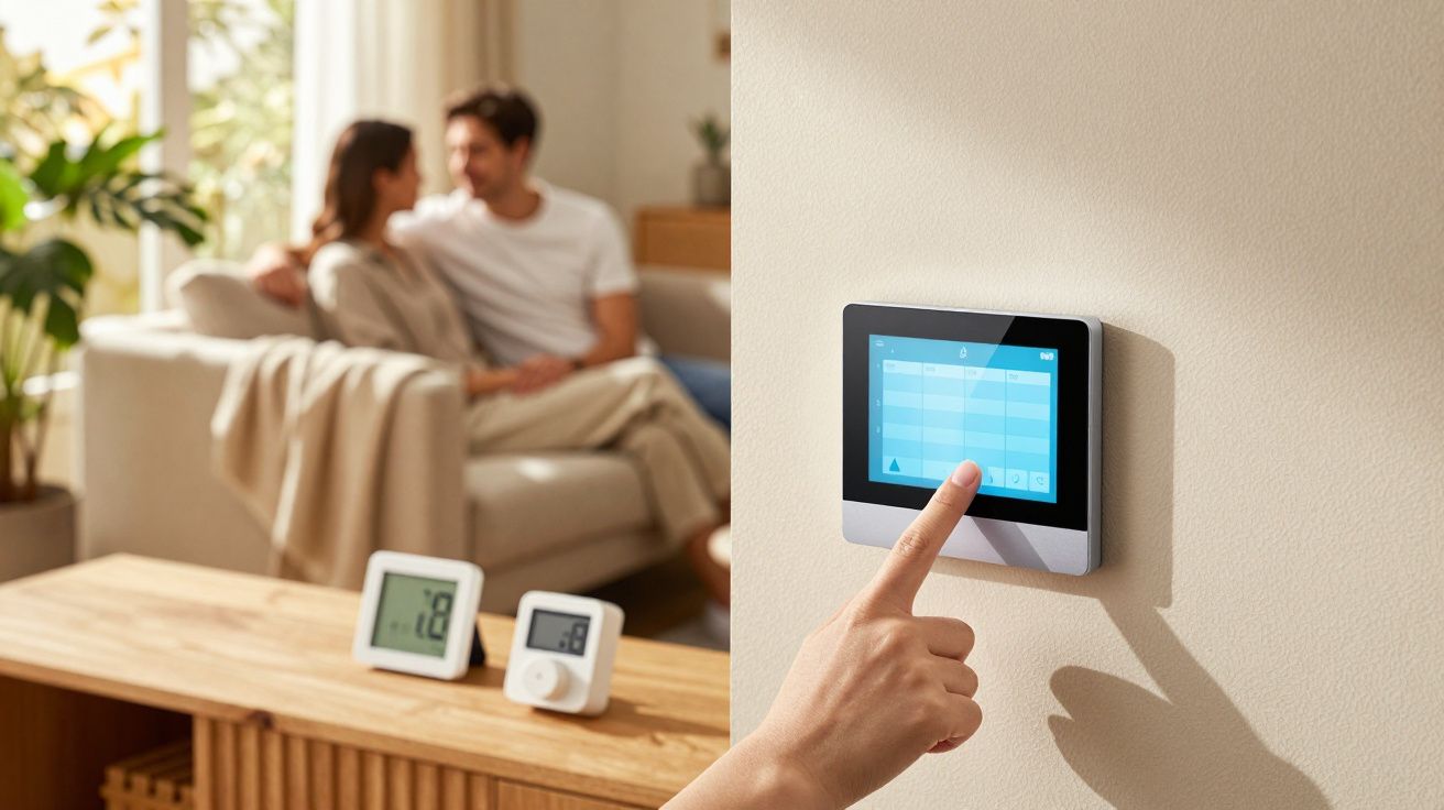 Pessoa ajusta termóstato em casa, com casal relaxado no sofá ao fundo.