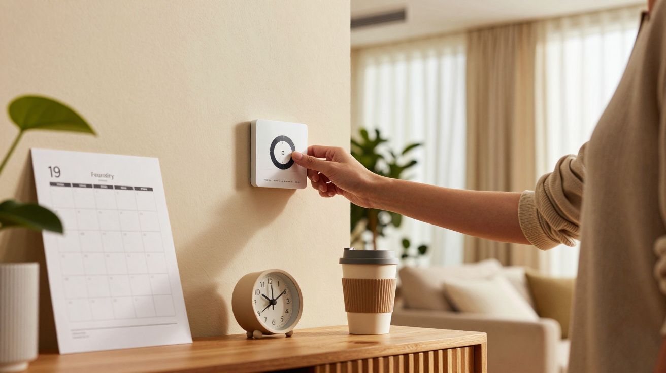 Mão ajustando termóstato na parede, ao lado de um calendário, relógio e copo numa sala iluminada.