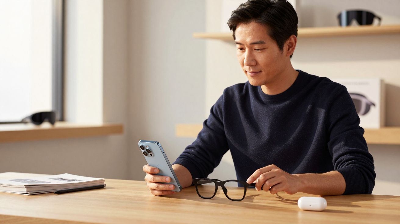 Homem sentado à mesa olhando para smartphone e segurando uns óculos, com um estojo branco sobre a mesa.