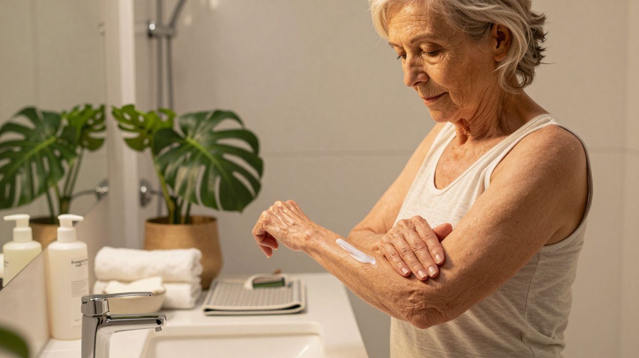 Mulher idosa aplica creme no braço no banheiro, rodeada por vasos e toalhas.
