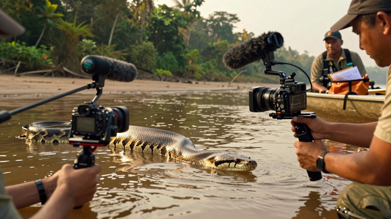 Filmagem de uma grande serpente na água, com duas câmaras e pessoas em barco no rio.