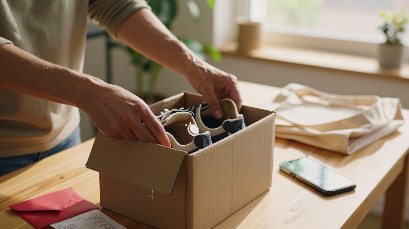 Pessoa a colocar sapatos desportivos numa caixa de cartão numa mesa de madeira.