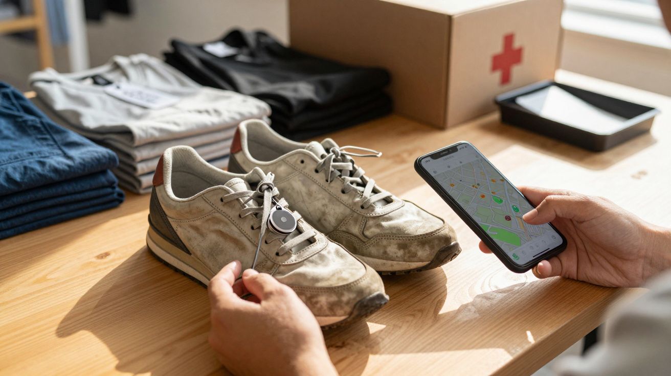 Pessoa segura sapato cinza com etiqueta, enquanto usa smartphone ao lado de roupas dobradas numa mesa.