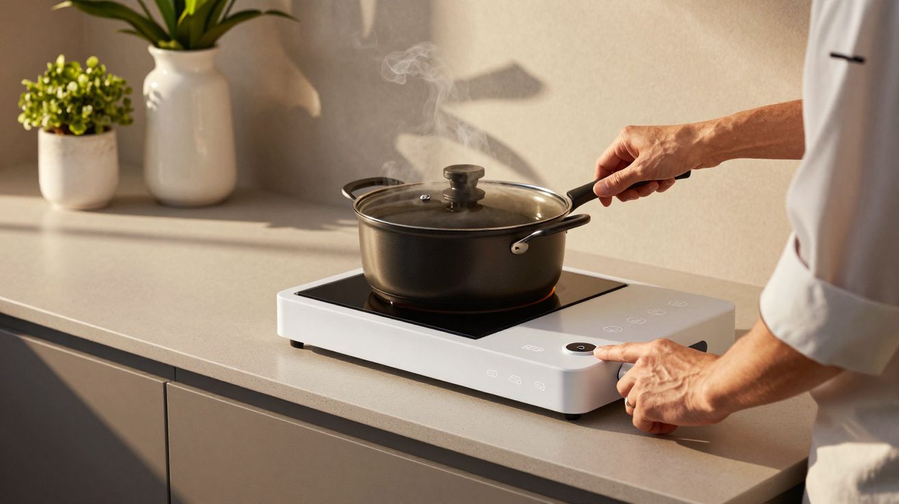 Pessoa cozinha numa placa de indução moderna, com panela a vapor, junto a plantas ornamentais.