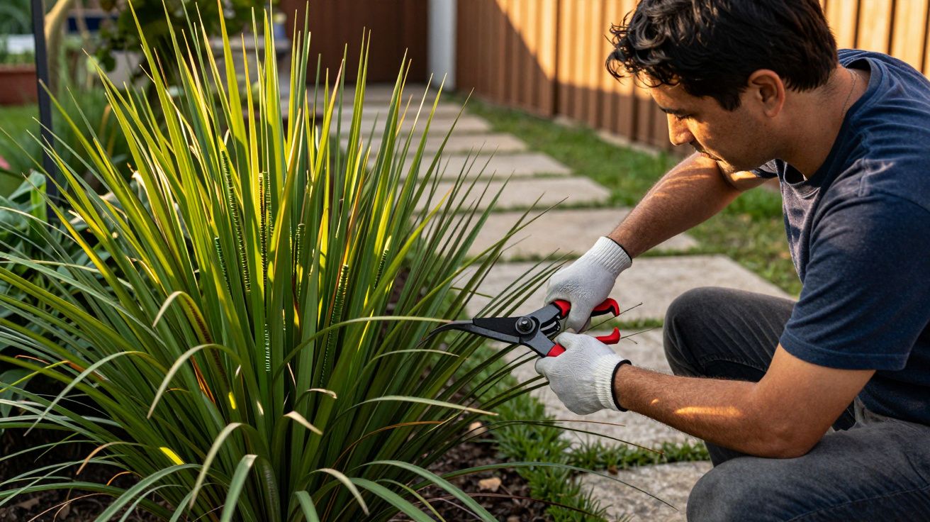 Homem a podar plantas num jardim, usando luvas e uma tesoura de poda.