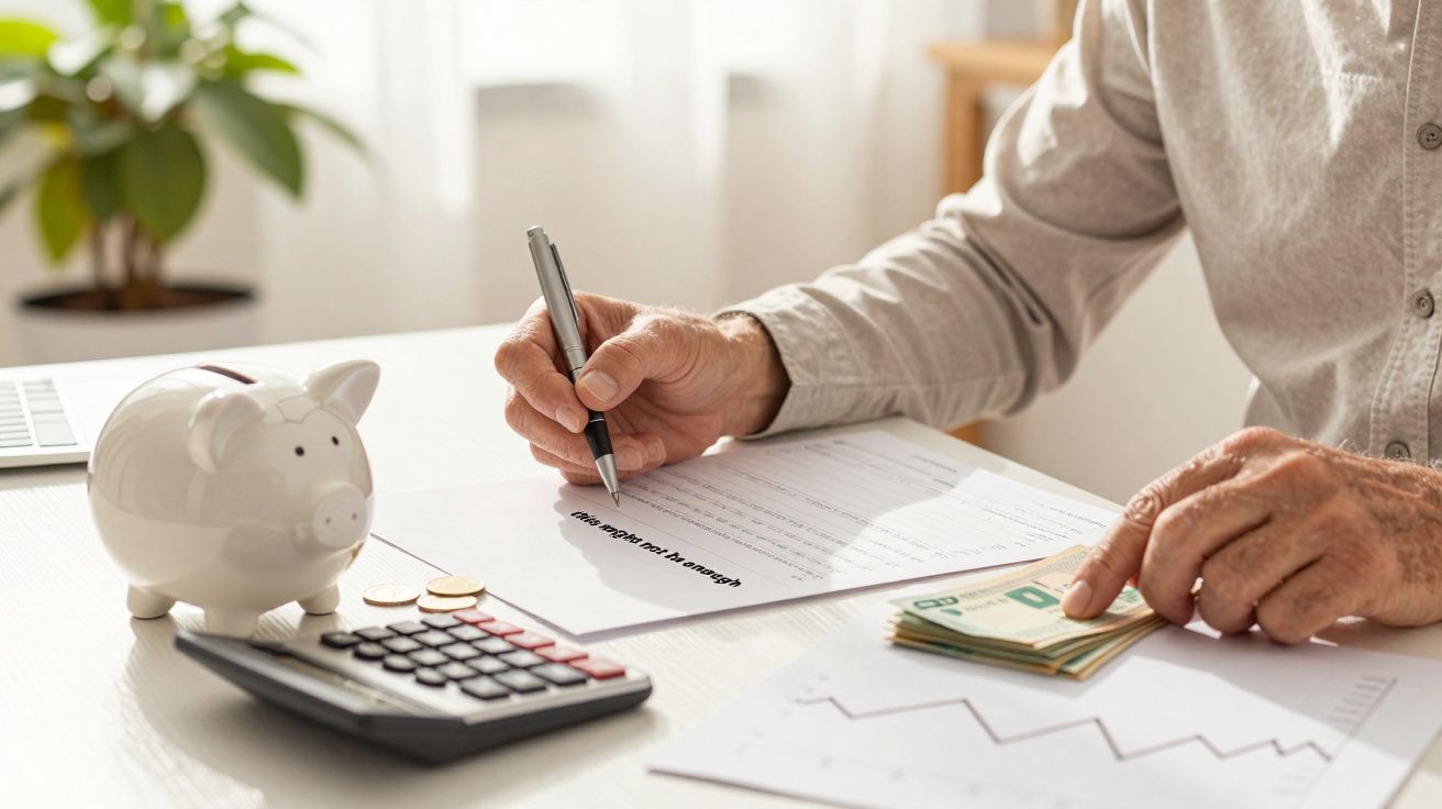 Homem a fazer contas com notas, moedas, e calculadora em mesa. Cofre porco e gráfico ao fundo.