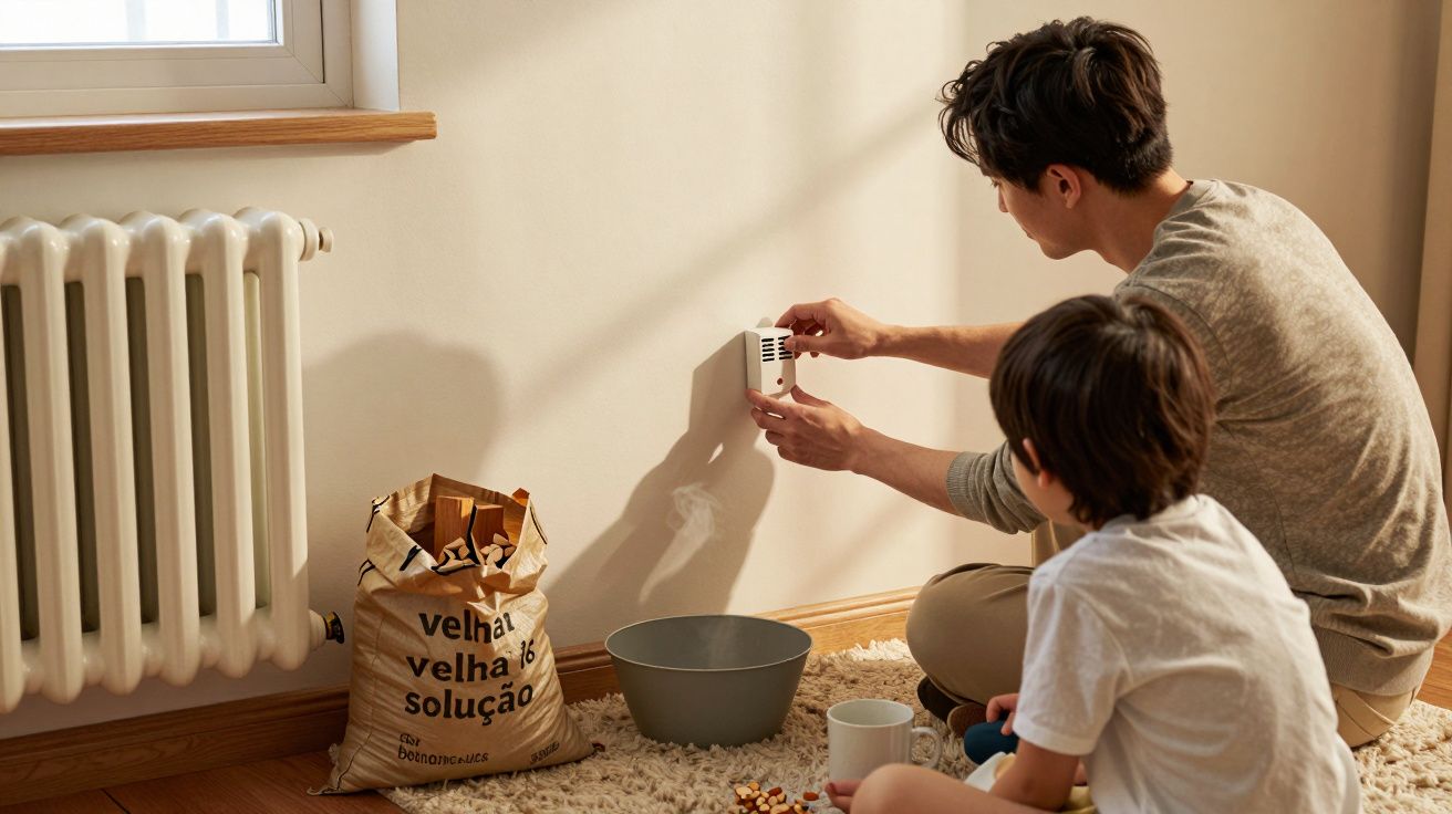 Homem e criança junto ao radiador, verificando dispositivo em casa. Saco de carvão e bacia no chão.