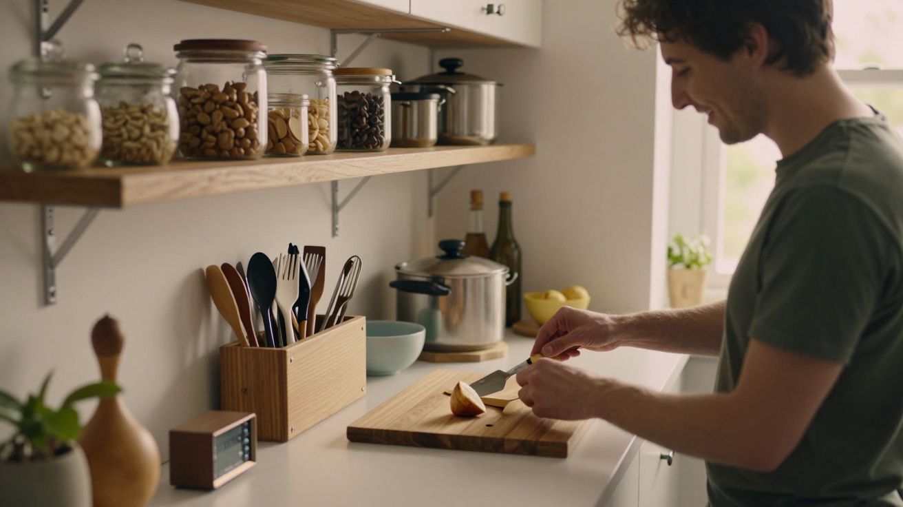 Homem corta fruta numa cozinha moderna com prateleiras, potes de mantimentos e utensílios à vista.