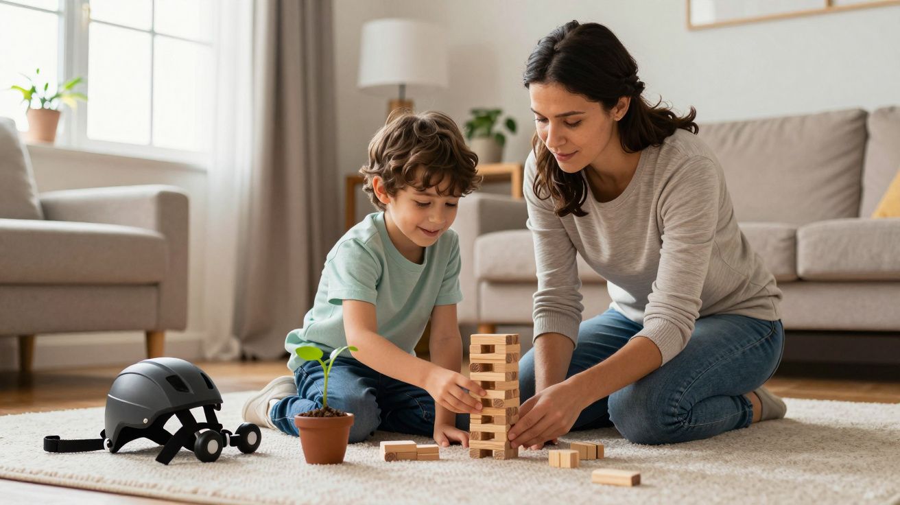 Mãe e filho brincam com blocos de madeira no chão da sala, perto de um capacete e um vaso de planta.