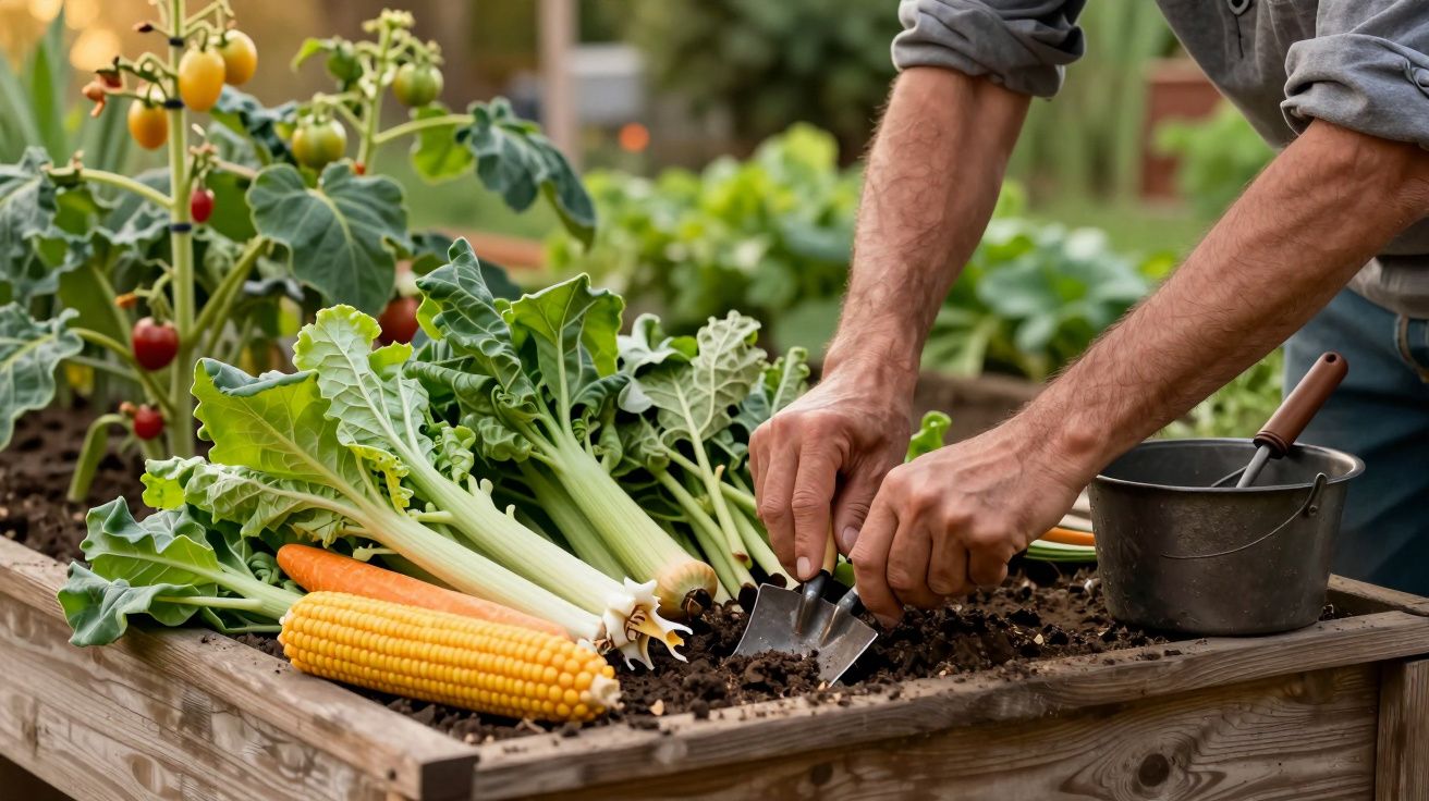 Homem a plantar num canteiro elevado com legumes frescos como espigas de milho, cenouras e tomate ao fundo.
