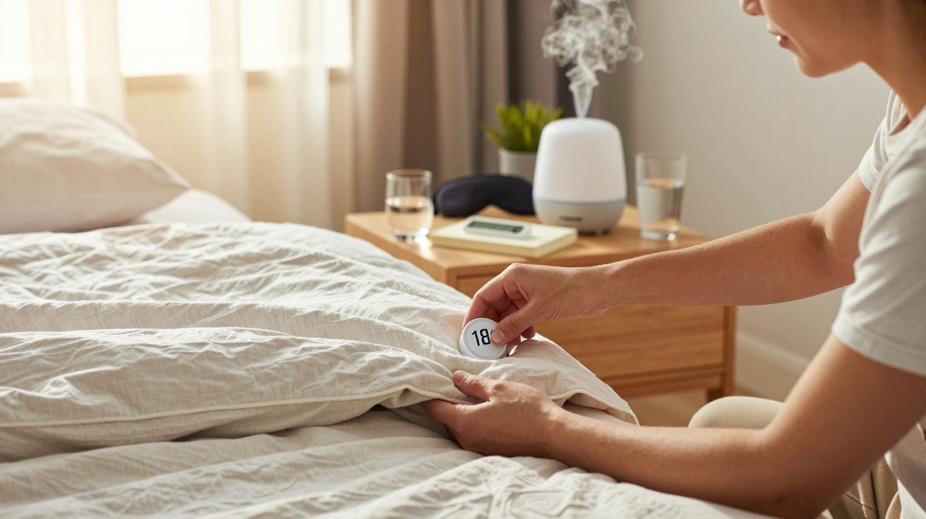 Pessoa ajusta termómetro numa cama com luz suave e mesa de cabeceira ao fundo.