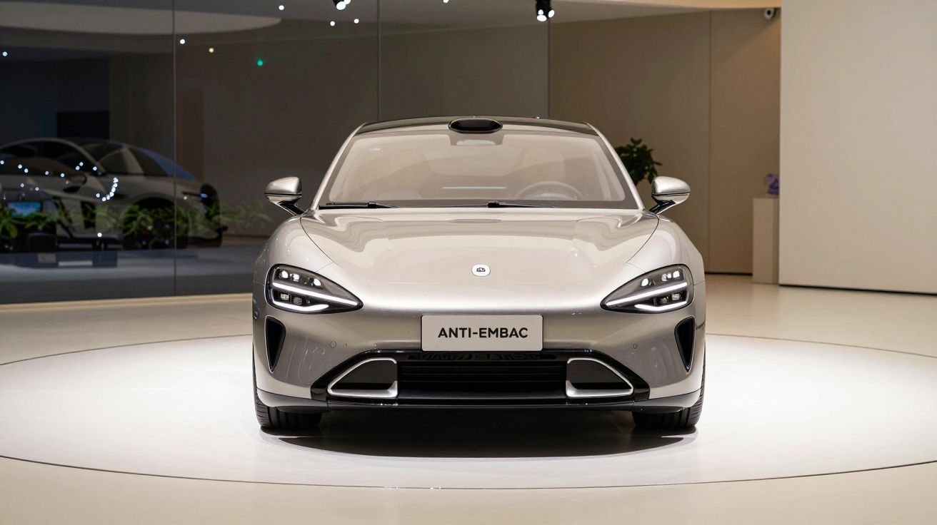 Carro prateado moderno em exibição num showroom elegante com fundo neutro e iluminação suave.