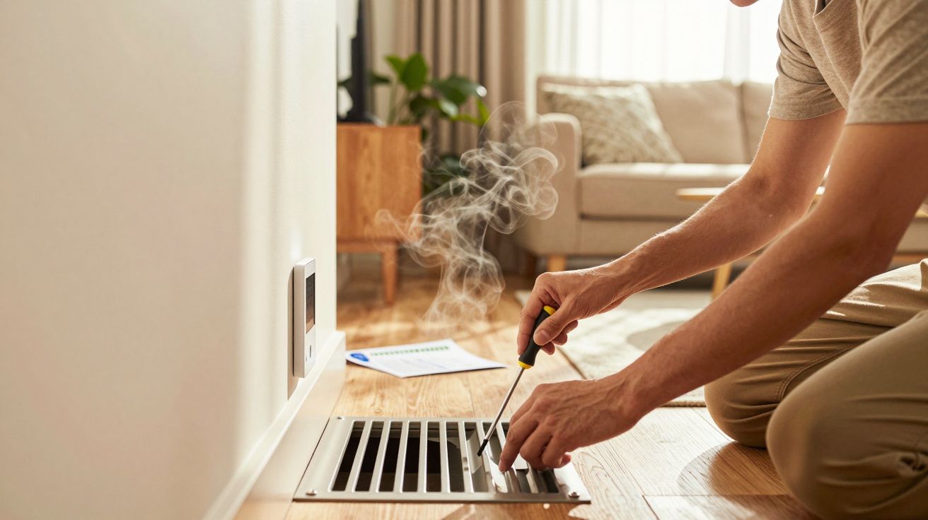 Pessoa a ajustar ventilação de ar no chão numa sala de estar, com vapor visível e ferramentas ao lado.