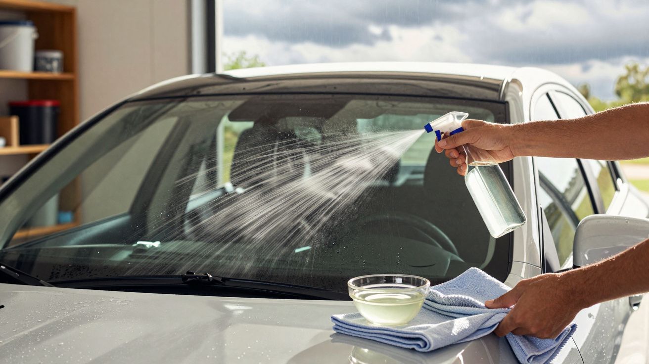Pessoa a limpar o para-brisas de um carro branco com spray e pano azul dentro de uma garagem.