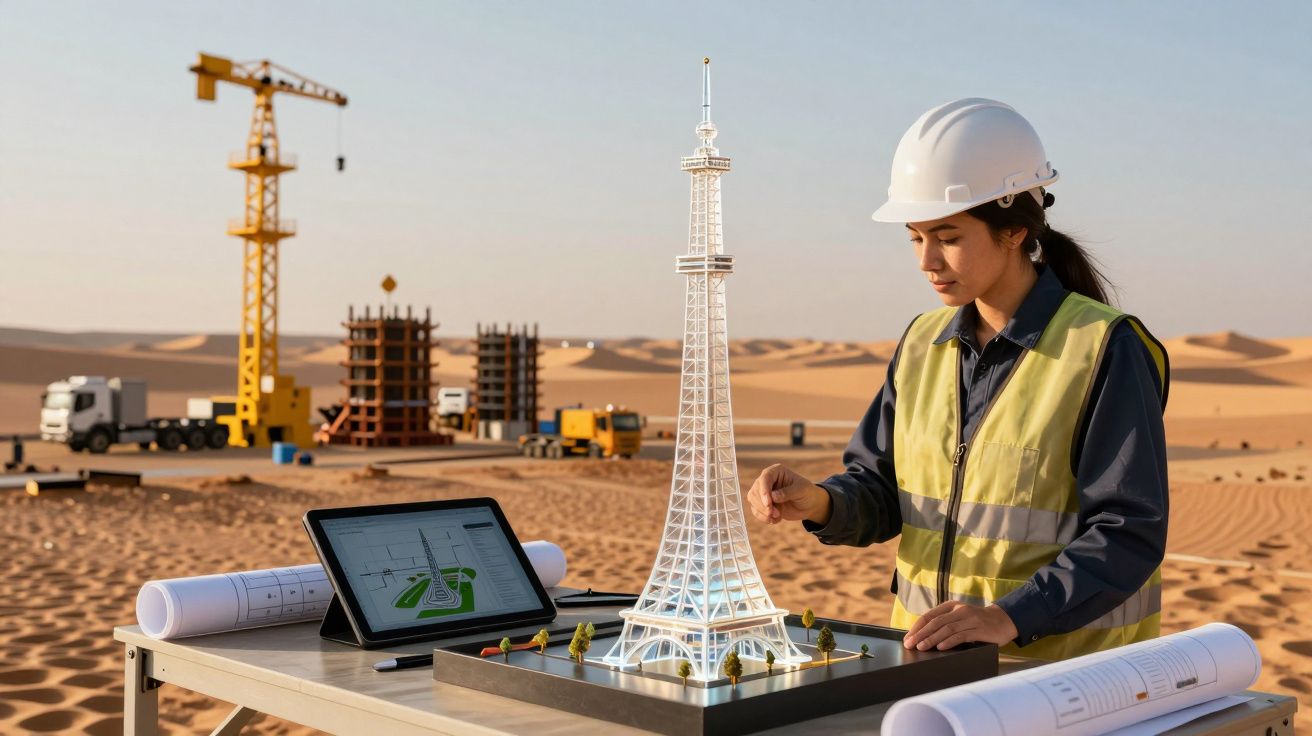 Mulher com capacete observa maquete da Torre Eiffel no deserto, com gruas e veículos ao fundo.